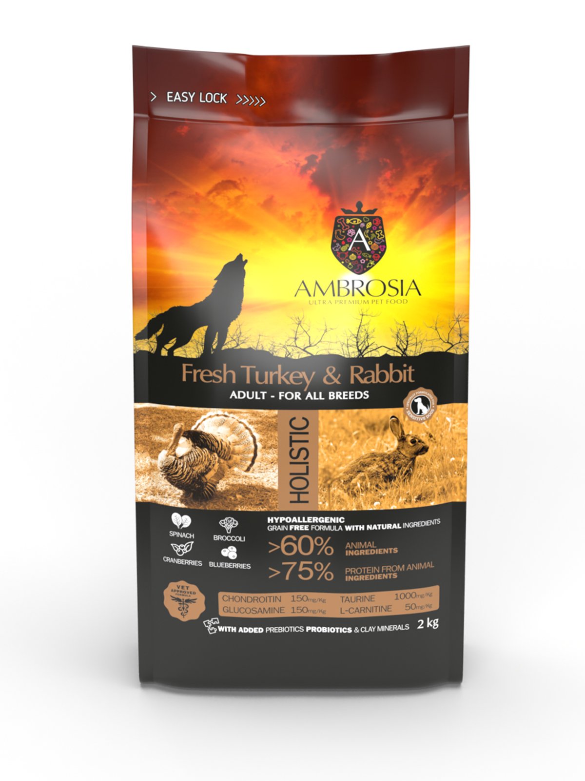 5214001832354 Беззерновий корм Ambrosia Grain free зі свіжою індичкою та кроликом для дорослих собак усіх порід 2кг - Зображення 1