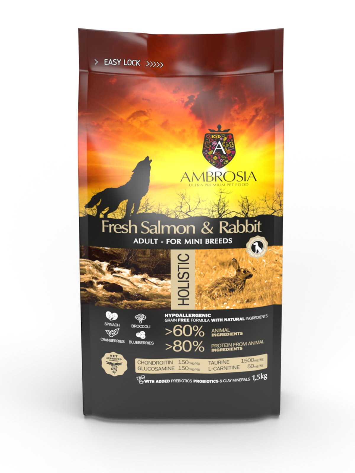 5214001832385 Беззерновий корм Ambrosia Grain free Sensitive з кроликом та лососем для дорослих собак малих порід з чутливим травленням 1,5кг - Зображення 1