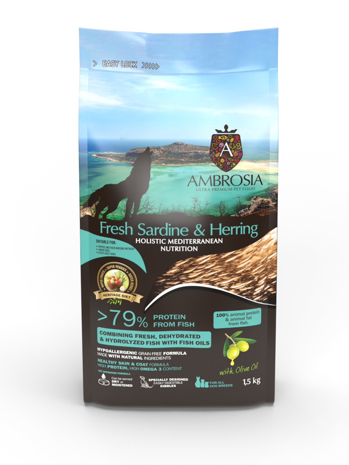 5214001832767 Беззерновий корм Ambrosia Mediterranean з сардиною та оселедцем для цуценят усіх порід 1,5кг - Зображення 1
