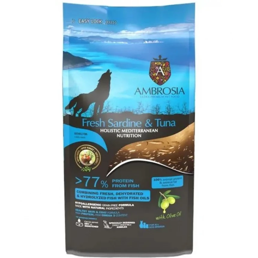 5214001832798-860x860 Беззерновий корм Ambrosia Mediterranean з сардиною і тунцем для дорослих собак всіх порід 5кг - Зображення 1