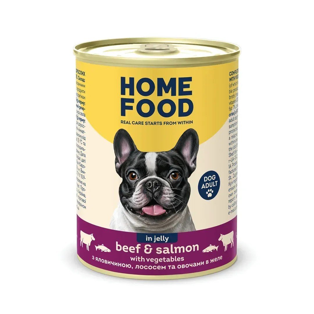 7010016-1 Консервований корм Home Food для дорослих собак з яловичиною, лососем та овочами в желе 360г - Зображення 1