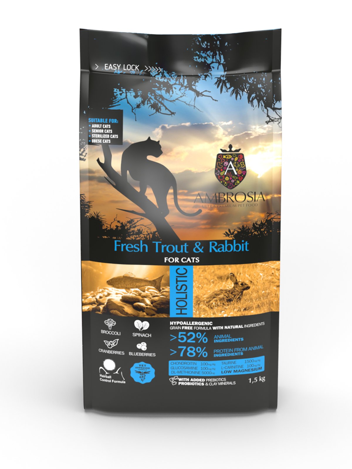 AMBROS~3 Беззерновий корм Ambrosia Grain free зі свіжою фореллю та кроликом для літніх та стерилізованих кішок 1,5кг - Зображення 1