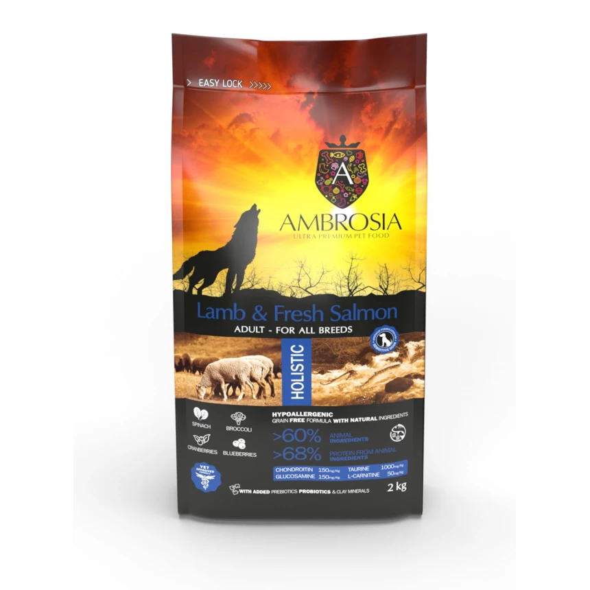 Ambrosia Grain fr Беззерновий корм Ambrosia Grain free з ягням та свіжим лососем для дорослих собак усіх порід 2кг - Зображення 1