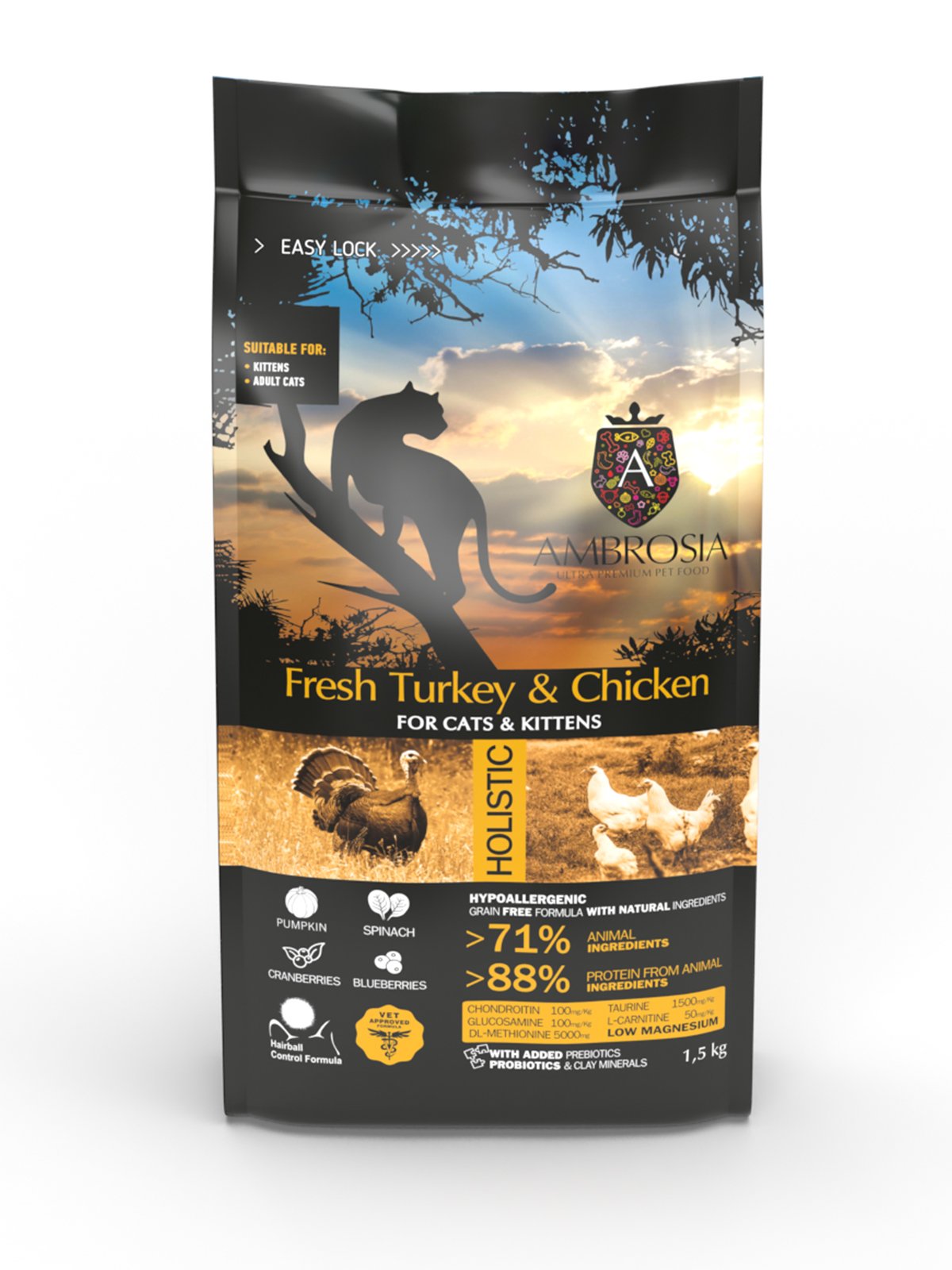 Ambrosia Grain free зі свіжою індичкою та куркою для кошенят та дорослих котів Беззерновий корм Ambrosia Grain free зі свіжою індичкою та куркою для кошенят та дорослих котів 1,5кг - Зображення 1