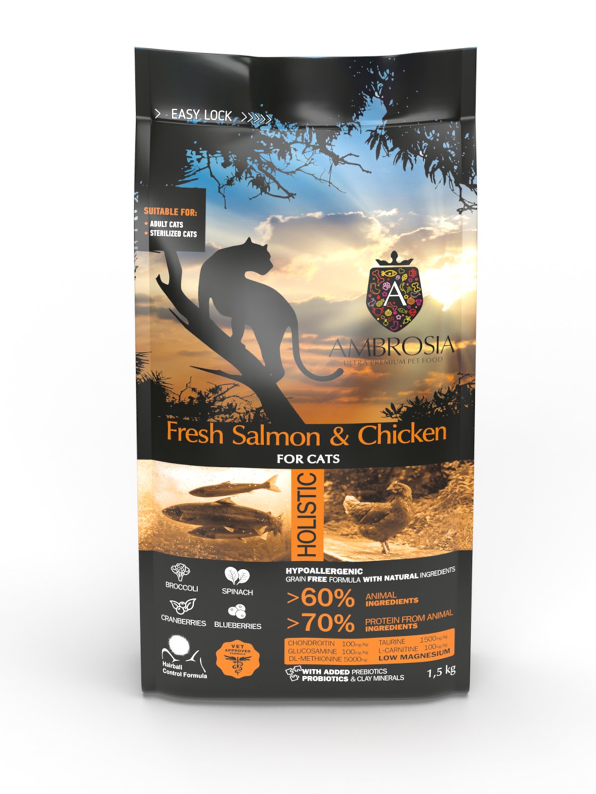 Ambrosia Grain free зі свіжим лососем та куркою для стерилізованих котів-1 Беззерновий корм Ambrosia Grain free зі свіжим лососем та куркою для стерилізованих котів 1,5кг - Зображення 1