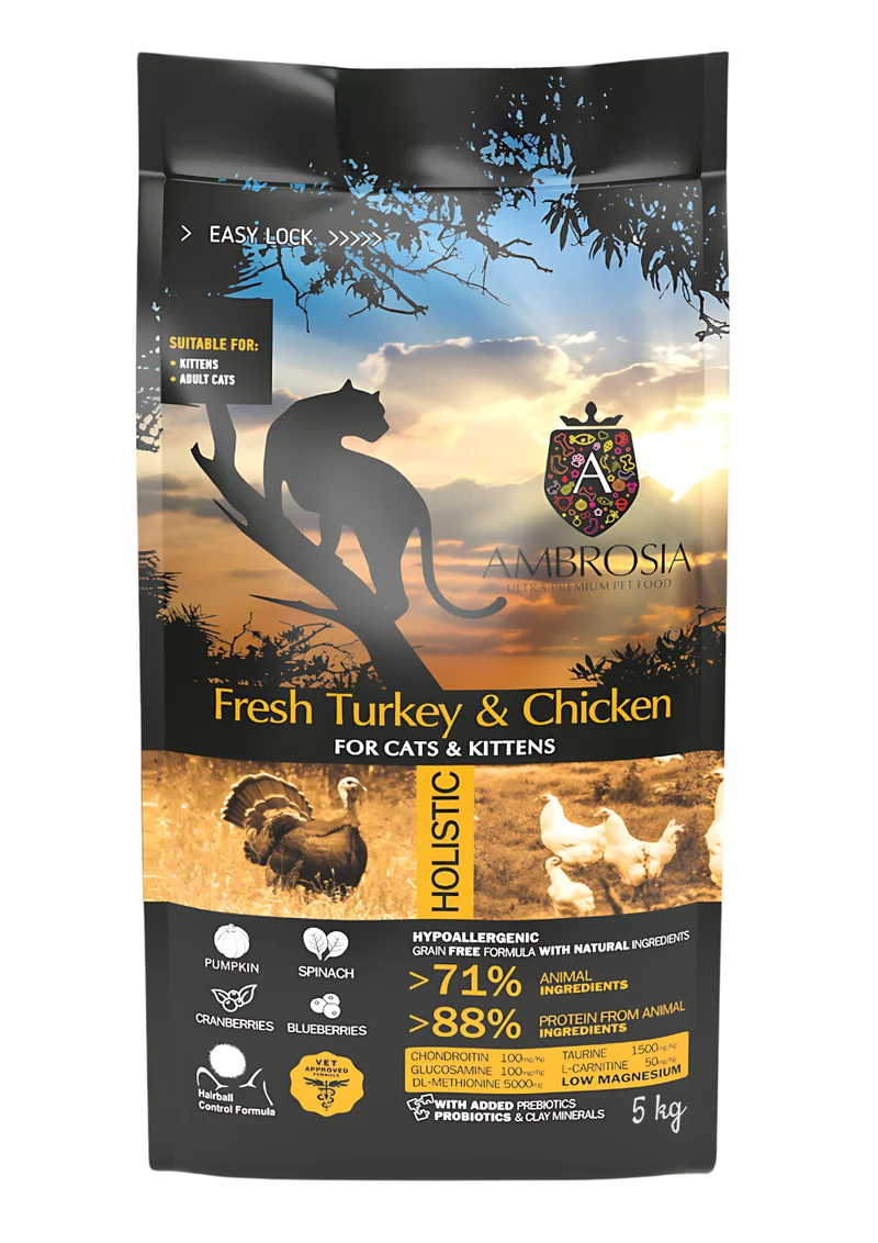 ambrosia-kitten-5kg Беззерновий корм Ambrosia Grain free зі свіжою індичкою та куркою для кошенят та дорослих котів 5кг - Зображення 1