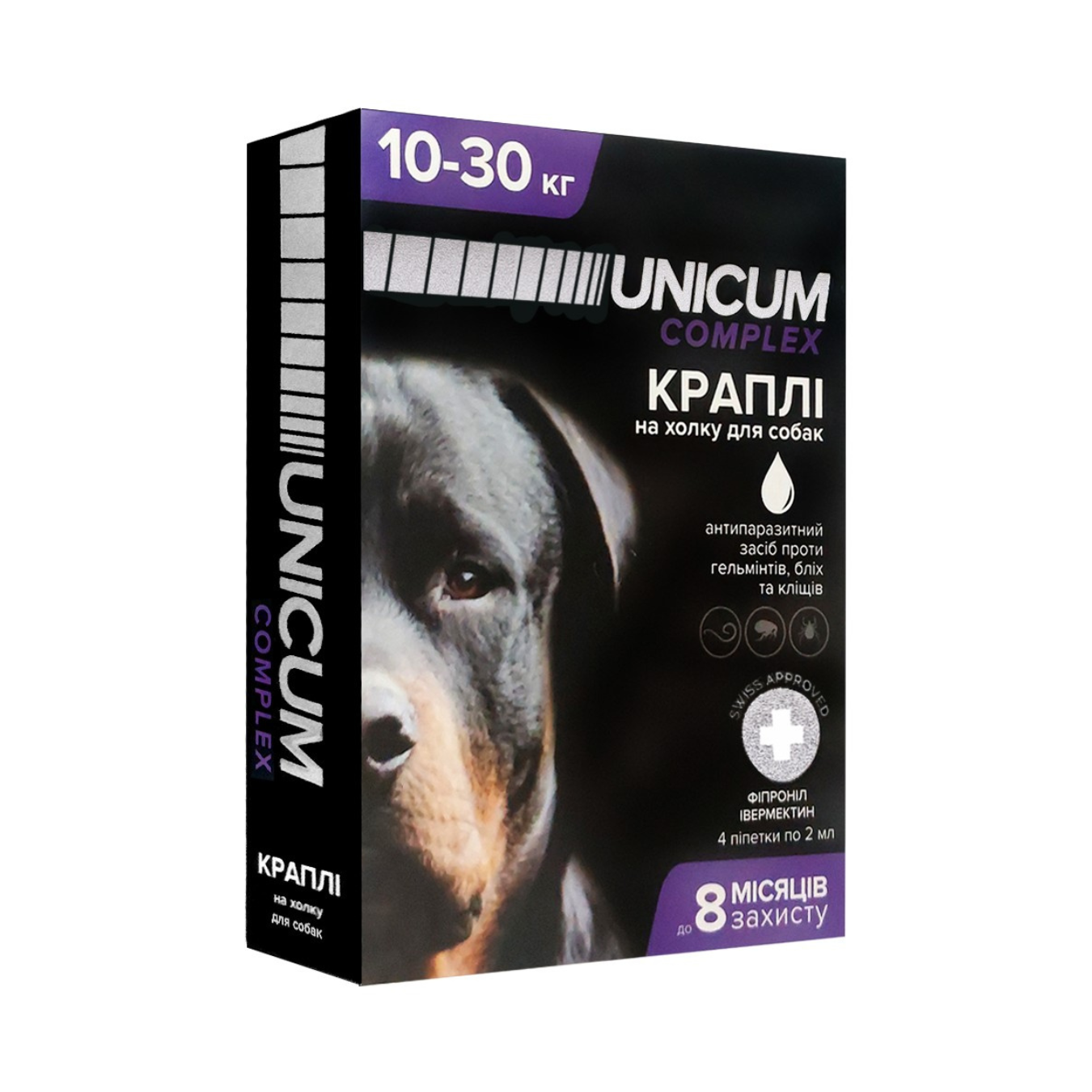 63734658 Краплі від бліх кліщів та гельмінтів на холку для собак Unicum COMPLEX 10-30 кг (івермектин+фіпр.) | 1 піпетка - Зображення 1