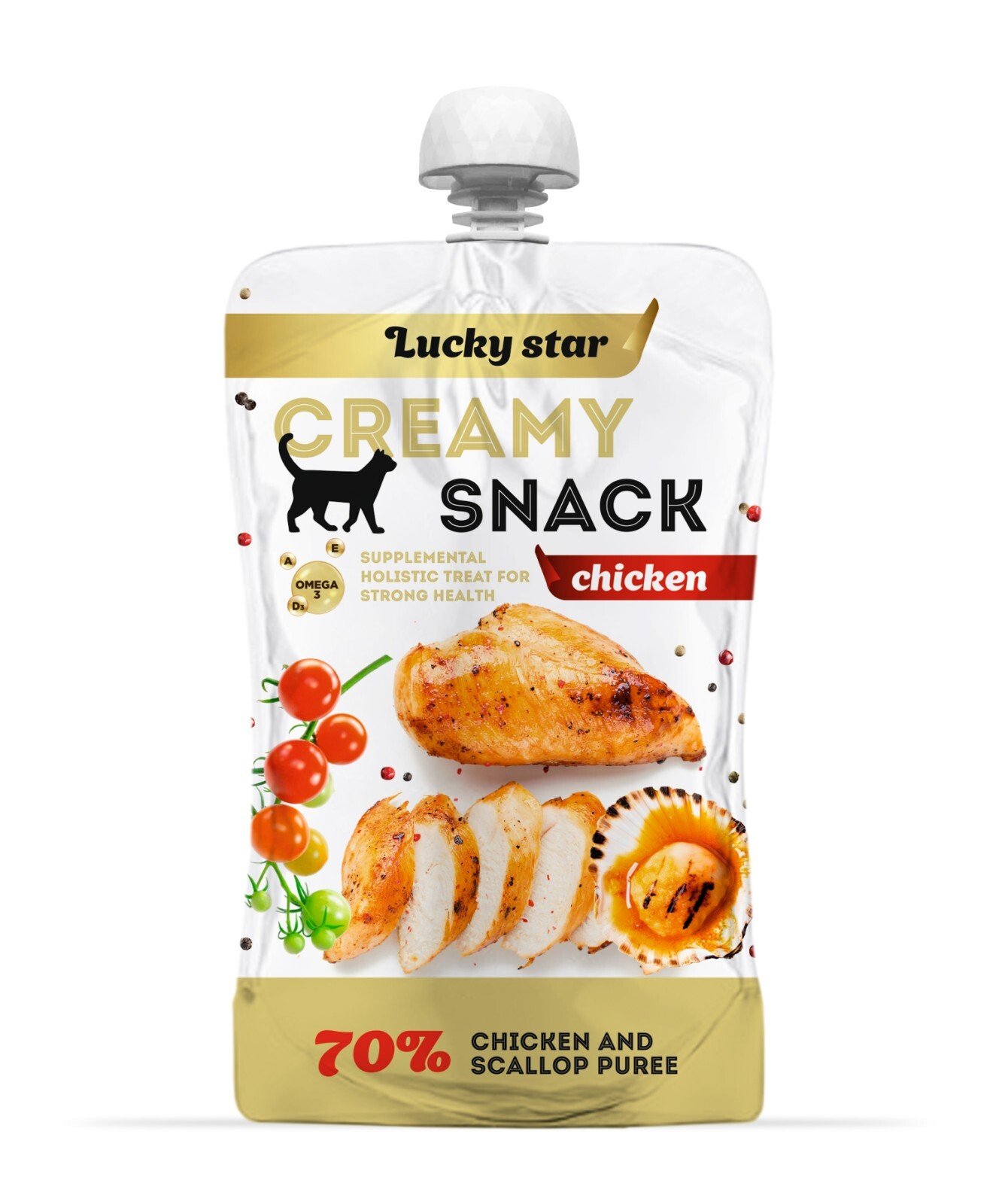 76782177 Лагідне пюре для котів з куркою та морськими гребенцями Lucky Star, 85 г (96 шт/ящ) - Зображення 1