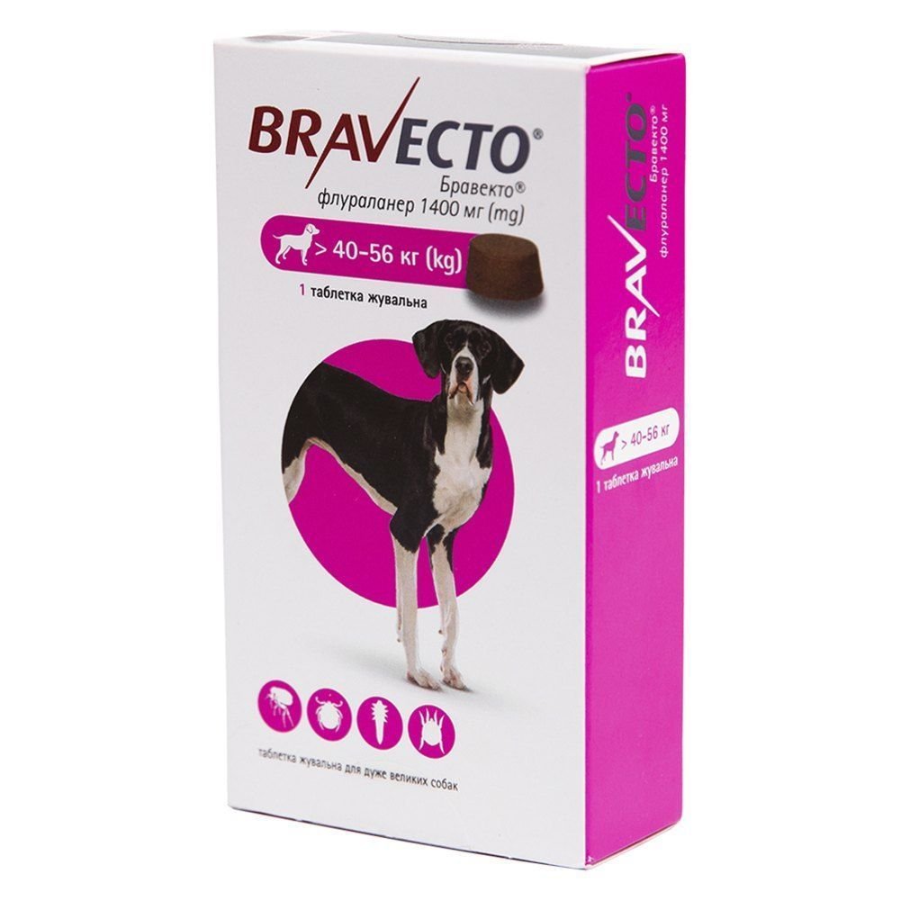 8713184146540 Таблетки від бліх та кліщів для собак Bravecto вагою від 40 до 56 кг, 1 шт - Зображення 1