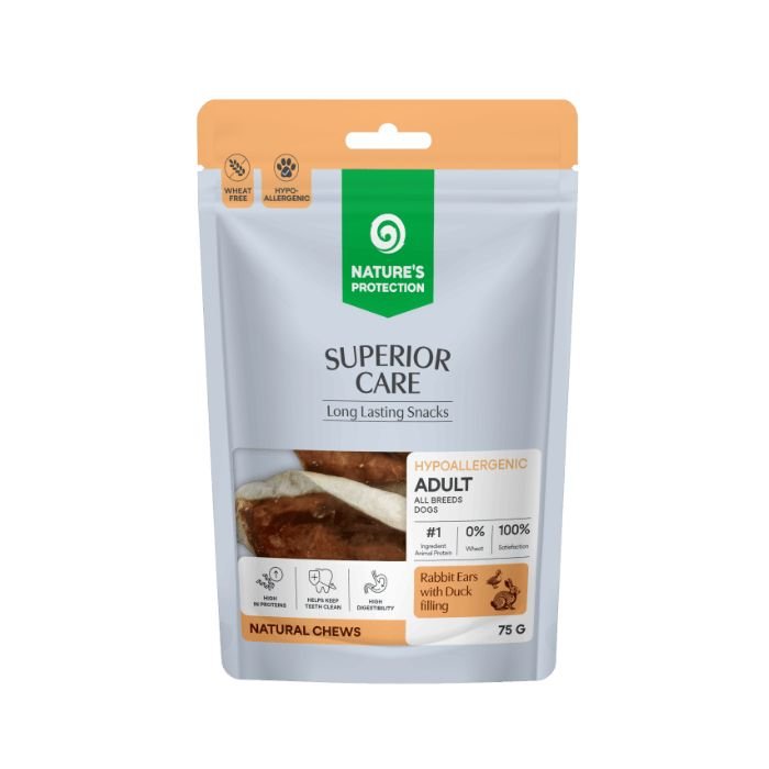 kiknpsc70540 Ласощі для собак Nature's Protection Superior Care Rabbit Ears with Duck Filling кролячі вушка з начинкою з качки, 75 г - Зображення 1