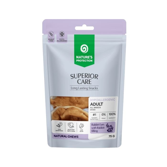 kiknpsc70542 Ласощі для собак Nature's Protection Superior Care Rabbit Ears with Rabbit Filling кролячі вушка з начинкою з кролика, 75 г - Зображення 1