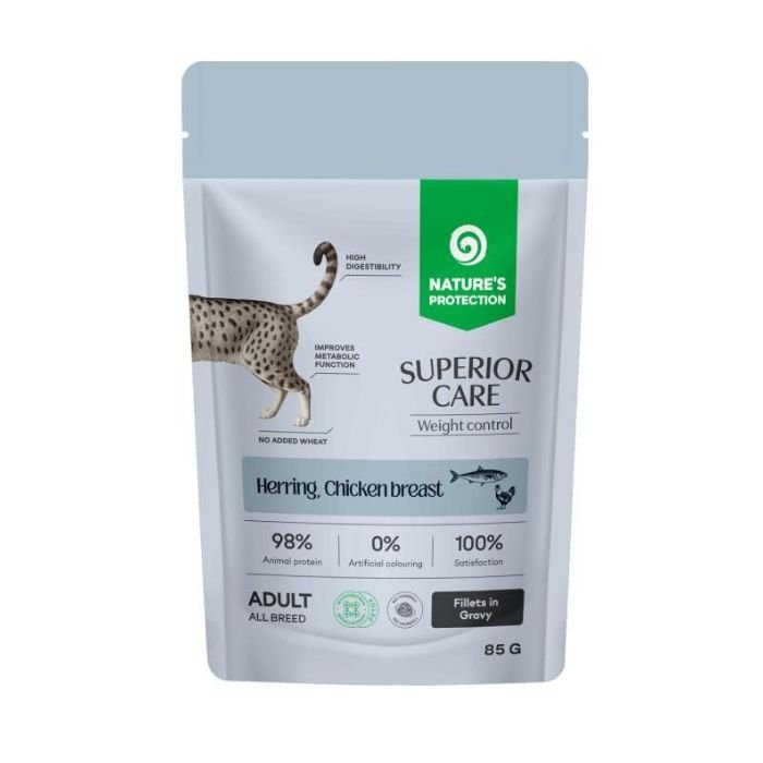 npsc47911 Вологий корм для котів для контролю ваги Nature's Protection Superior Care Weight Control Grain Free Adult Cats з оселедцем і куркою, 85 г - Зображення 1